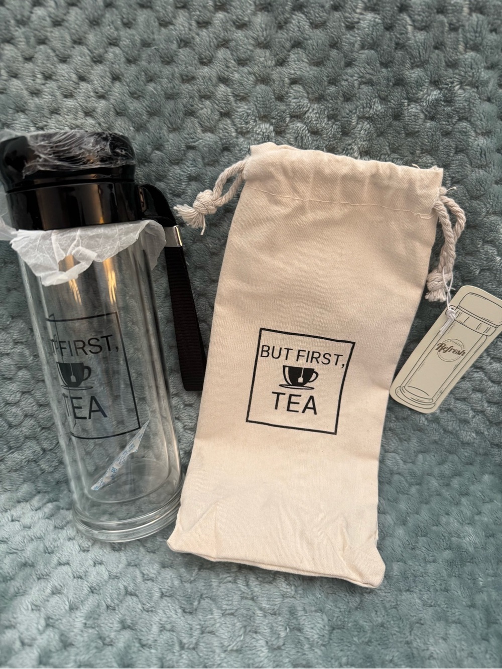 But First, Tea Glass Travel Bottle with Canvas Drawstring Pouch - Black & Clear